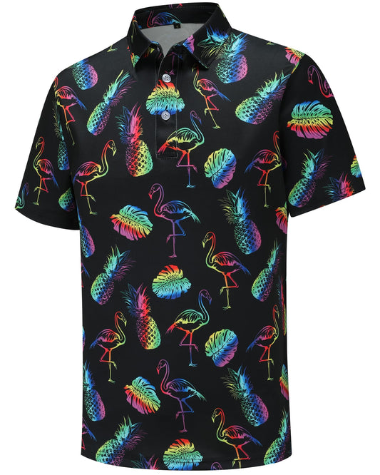 Mens Golf Polo Shirts Funny Golf Shirts for Men Performance Moisture Wicking Quick Dry Athletic Short Sleeve Shirts Neon Flamingo Pineapple