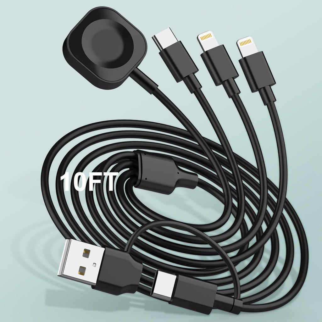 6in1 Multi Charging Cable for iWatch Charger 10FT USB A/C Fast Charging Cord Cable Compatible with iWatch Ultra/SE/9/8/7/6/5/4/3 & iPhone 16/15/14/13/12/11/GalaxyUniversal Travel Charger -Black