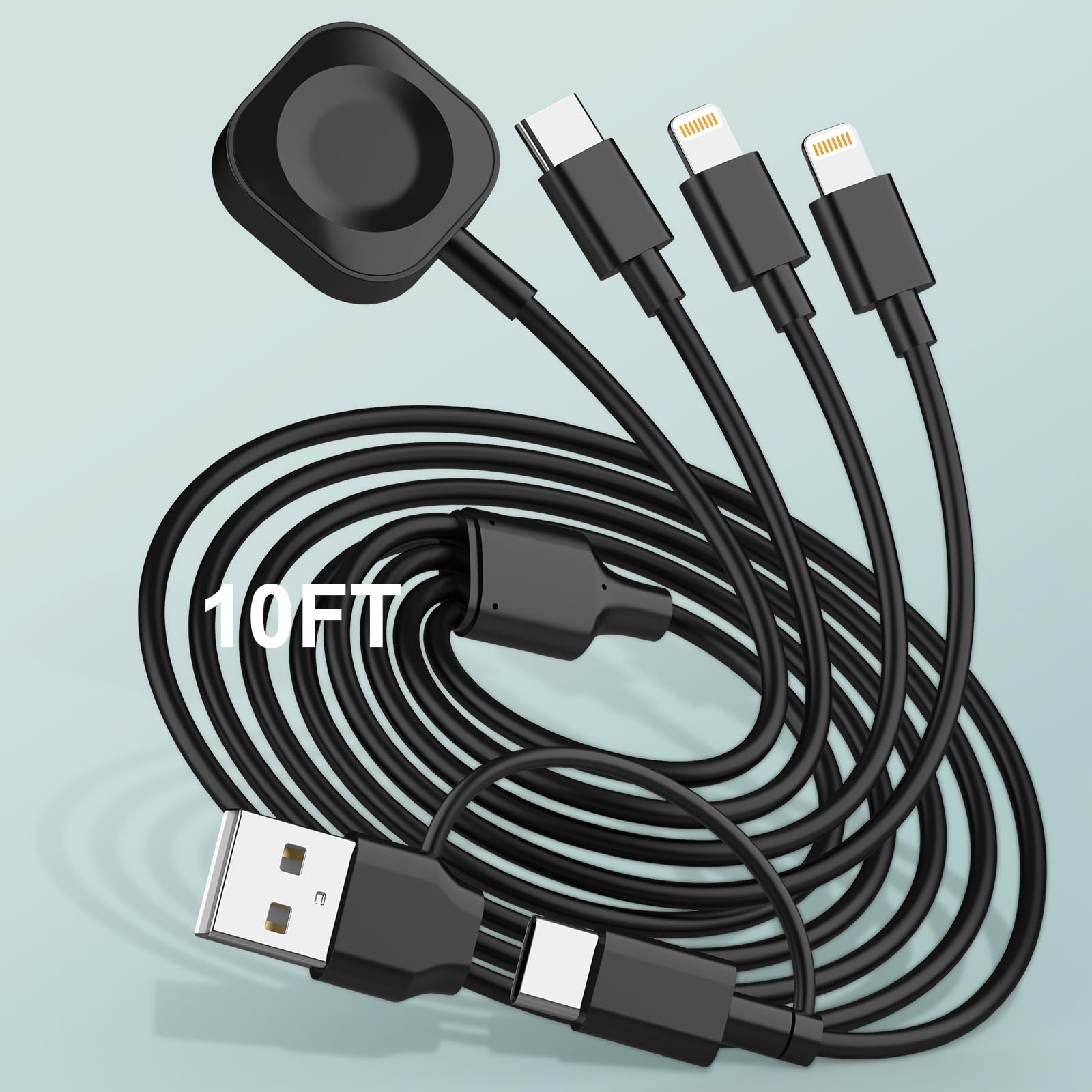 6in1 Multi Charging Cable for iWatch Charger 10FT USB A/C Fast Charging Cord Cable Compatible with iWatch Ultra/SE/9/8/7/6/5/4/3 & iPhone 16/15/14/13/12/11/GalaxyUniversal Travel Charger -Black